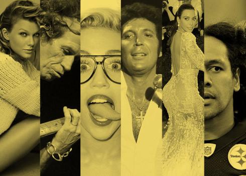 A montage of celebrities including Taylor Swift, Keith Richards, Miley Cyrus, Tom Jones, Kim Kardashian, and Troy Polamalu