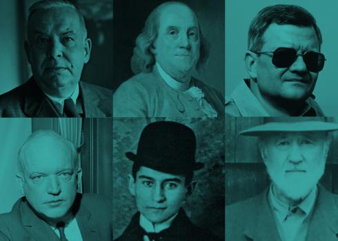 A montage of celebrity headshots: Wallace Stevens, Benjamin Franklin, Tom Clancy, James Donovan, Franz Kafka, and Charles Ives